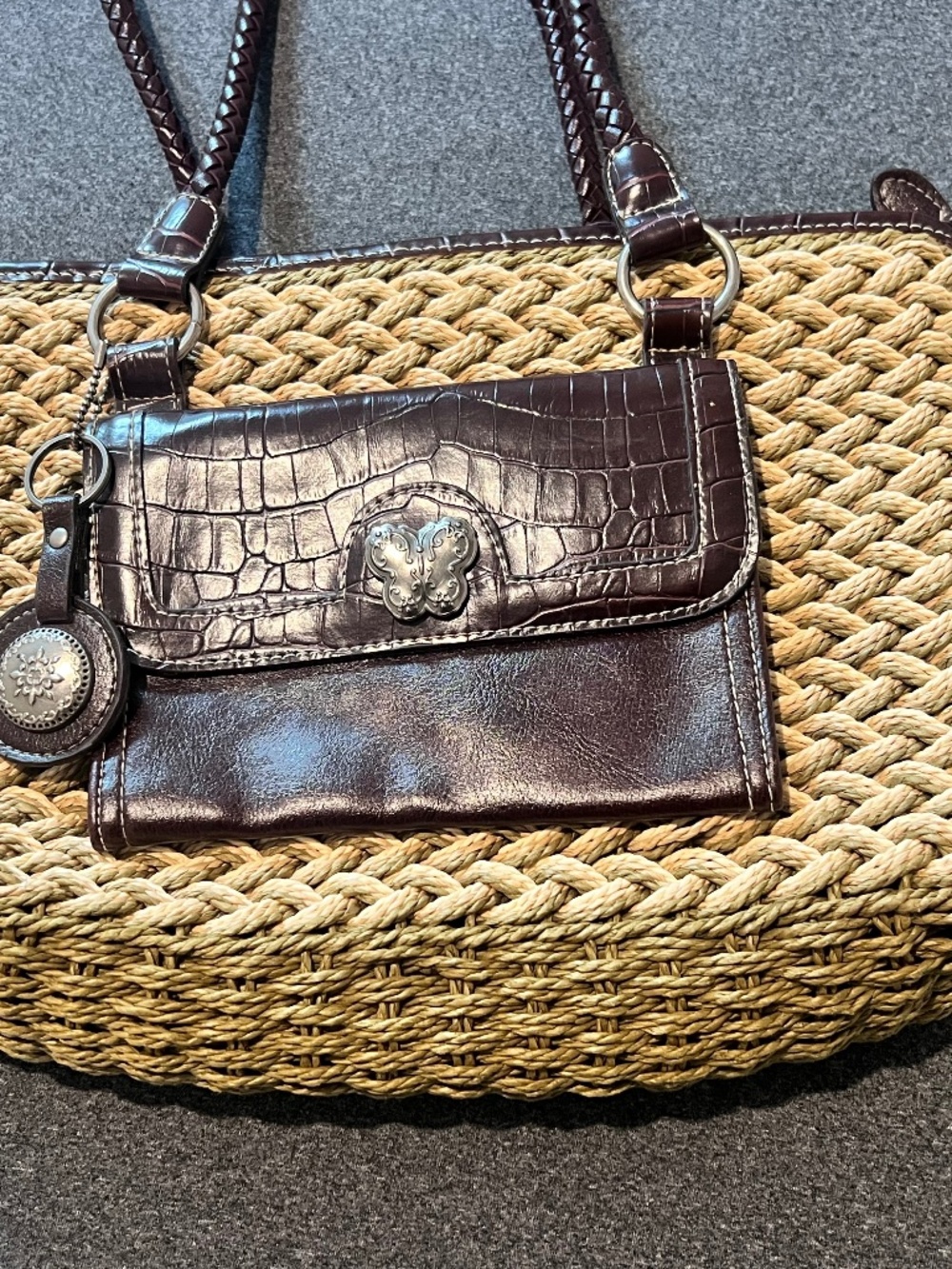 Maggie Barnes Woven Tote Brown Croc Embossed Boho Y2K Shoulder Bag